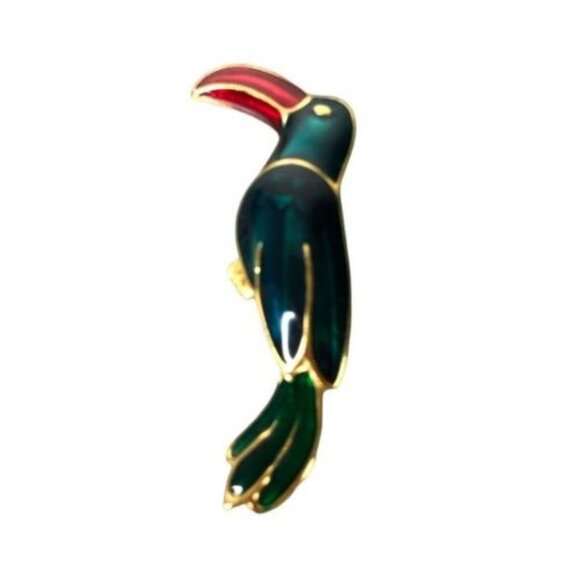 Parrot Brooch Pin Enamel Green Red Gold Color Toucan Alloy Costume Jewelry EUC - Picture 1 of 7